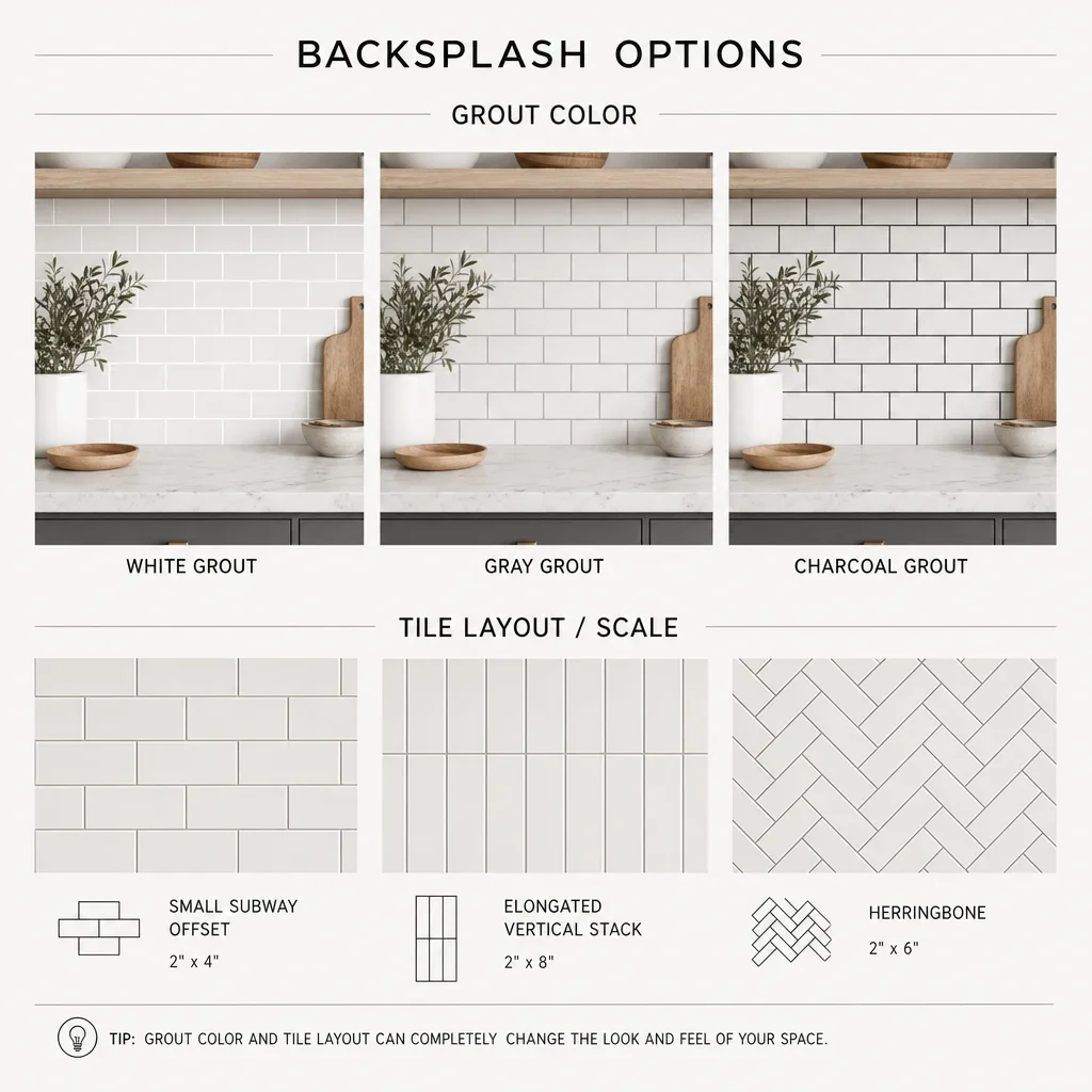 A diagram comparing grout colors, tile sizes, and backsplash layouts.