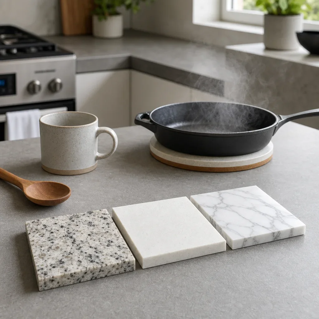 Kitchen countertop samples with hot cookware nearby to show heat resistance differences.