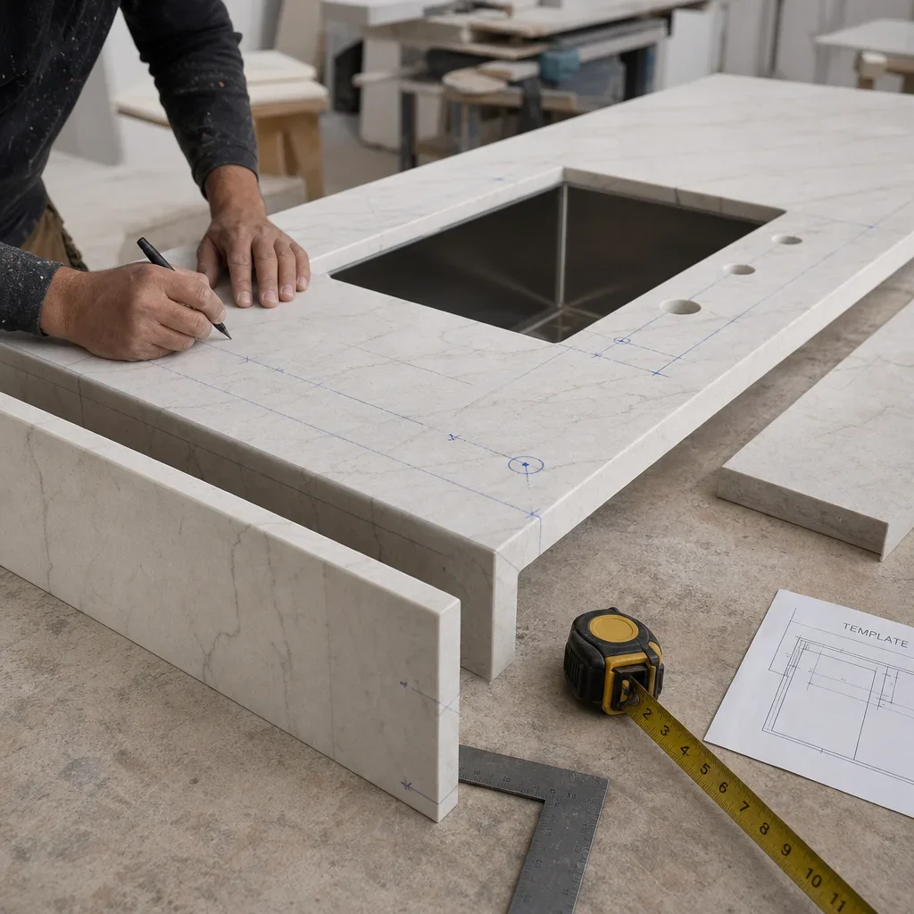 Fabrication table showing countertop cutouts, waterfall edge planning, and measuring tools.