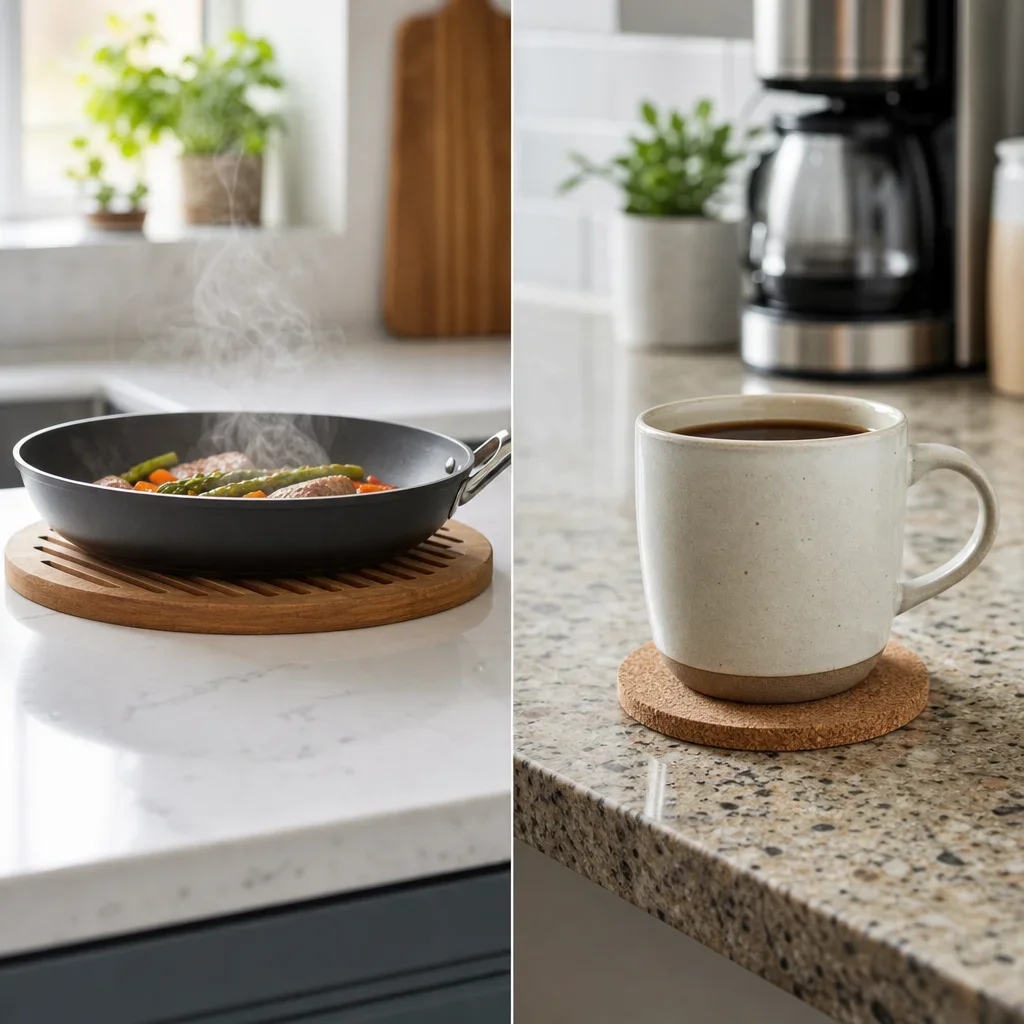 Kitchen counter scene showing safe placement of hot cookware and coffee on quartz and granite.