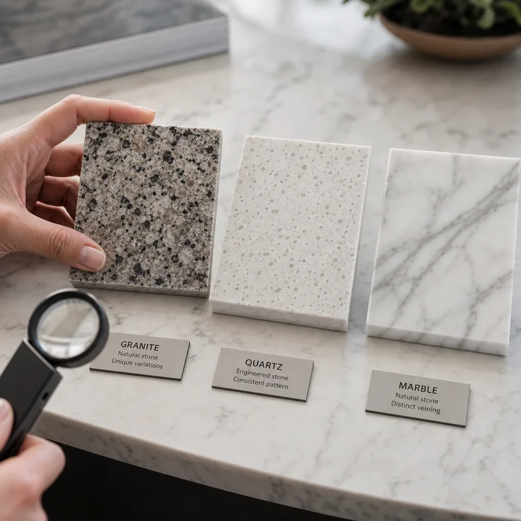 Close-up stone samples showing how to distinguish granite, quartz, and marble.