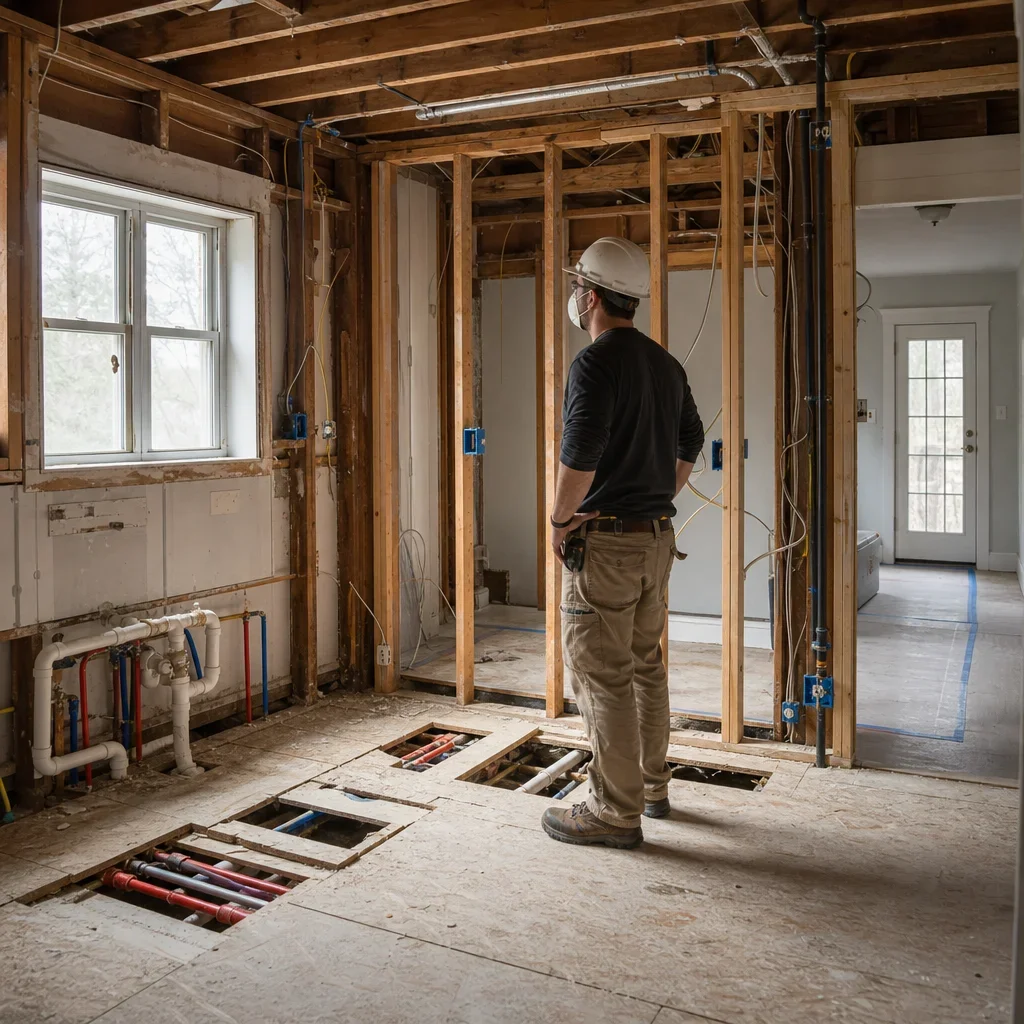 An older kitchen during demolition with exposed framing, subfloor, plumbing, and electrical rough-in work.