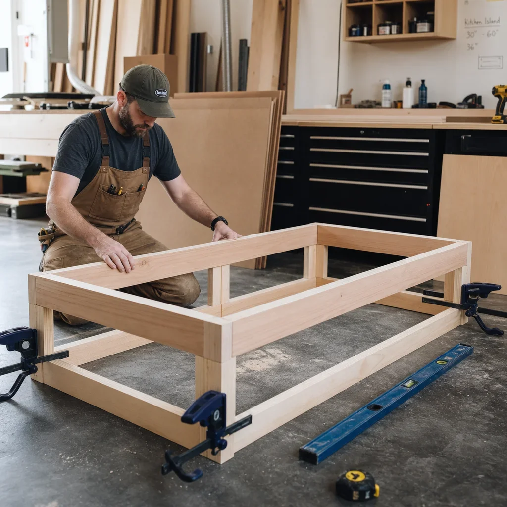 Carpenter building the base frame for a kitchen island.