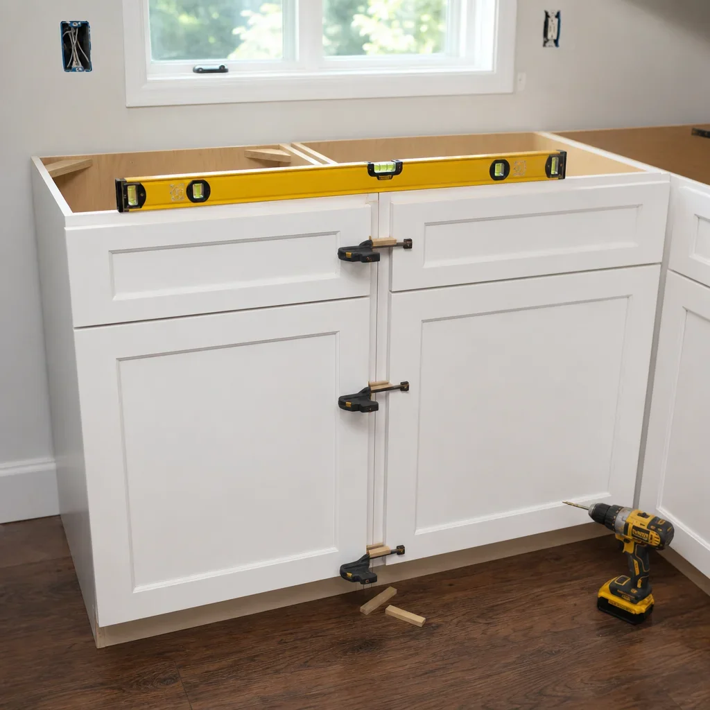 Base cabinets clamped and leveled before being fastened together.