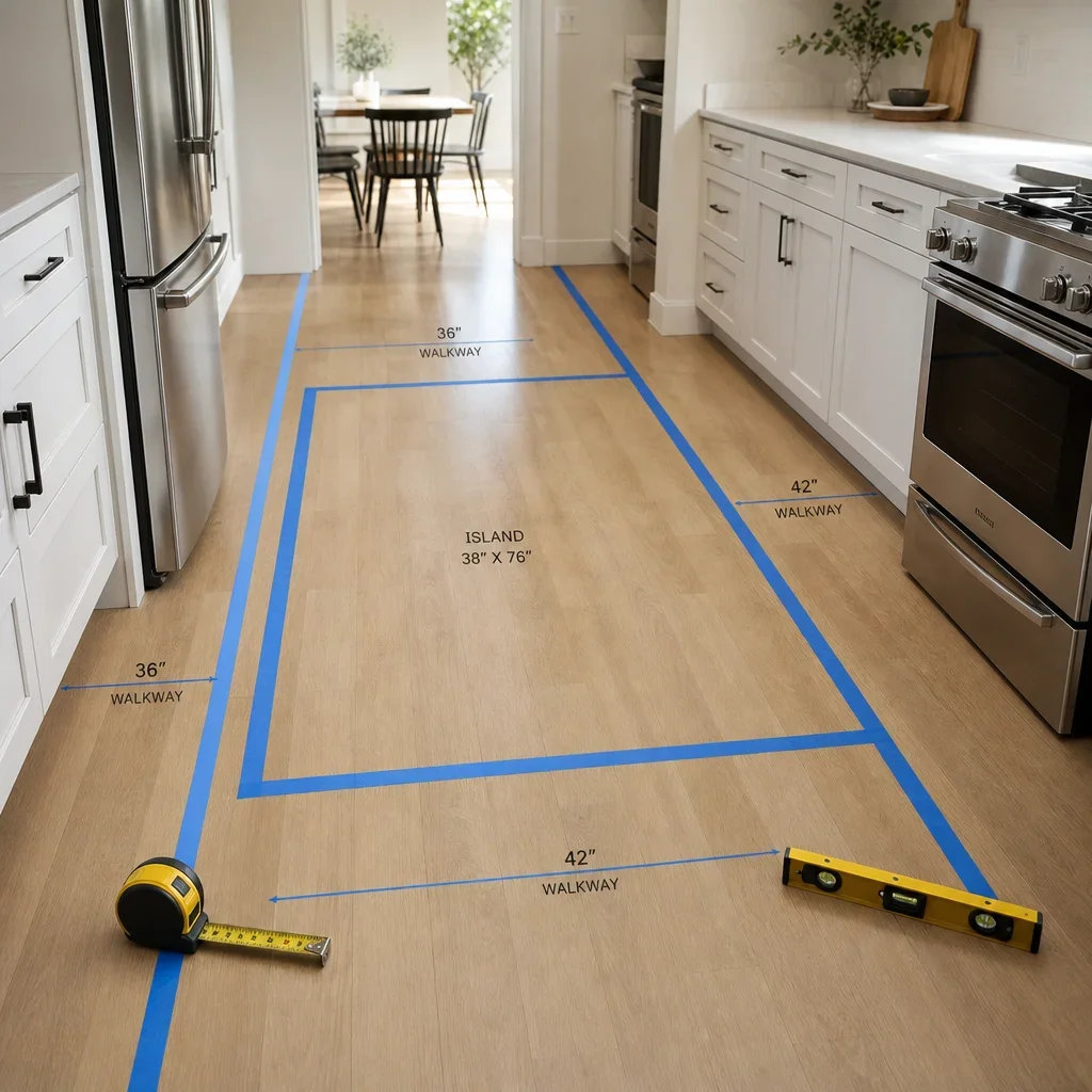 Taped kitchen island footprint showing clearance around the layout.