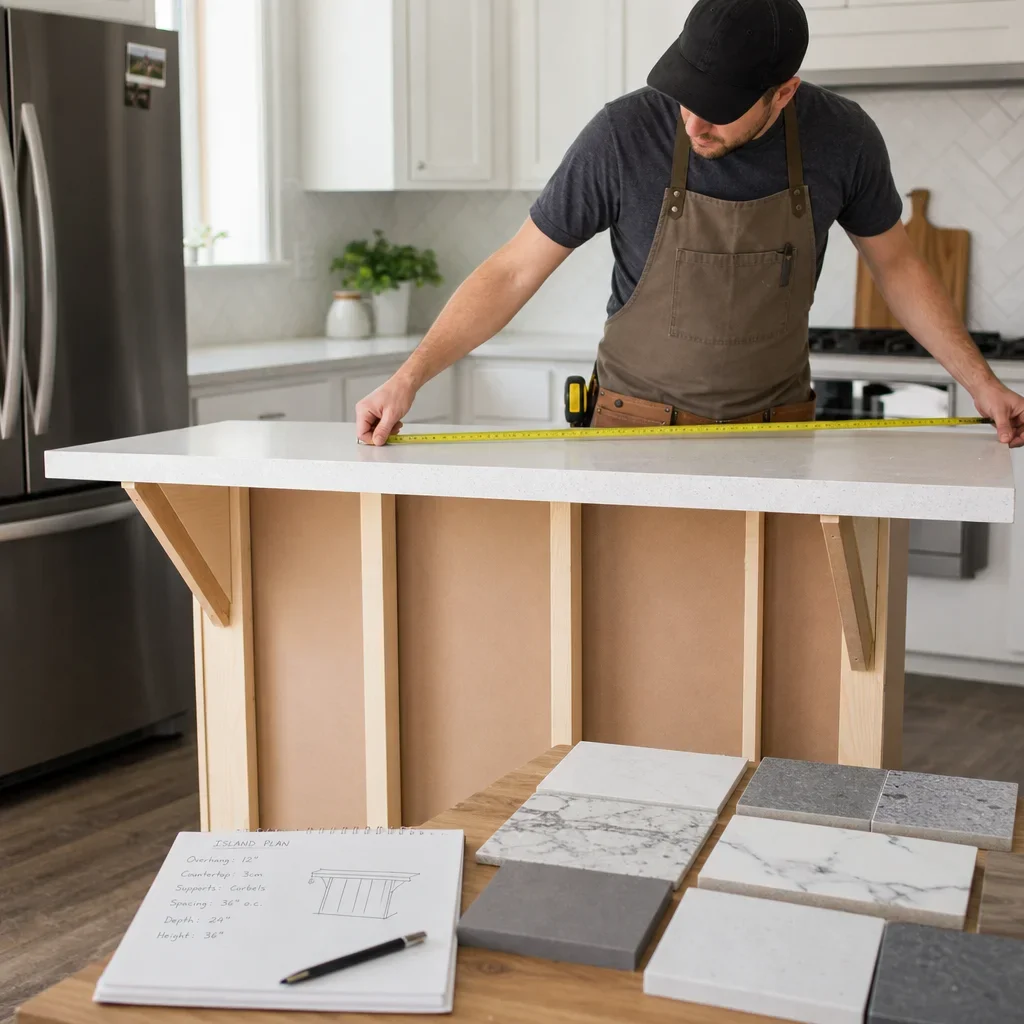 Countertop samples and support brackets for a kitchen island.
