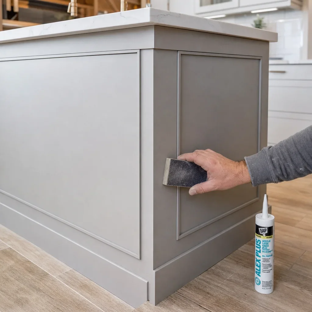 Close-up of finished kitchen island trim, seams, and toe kick.