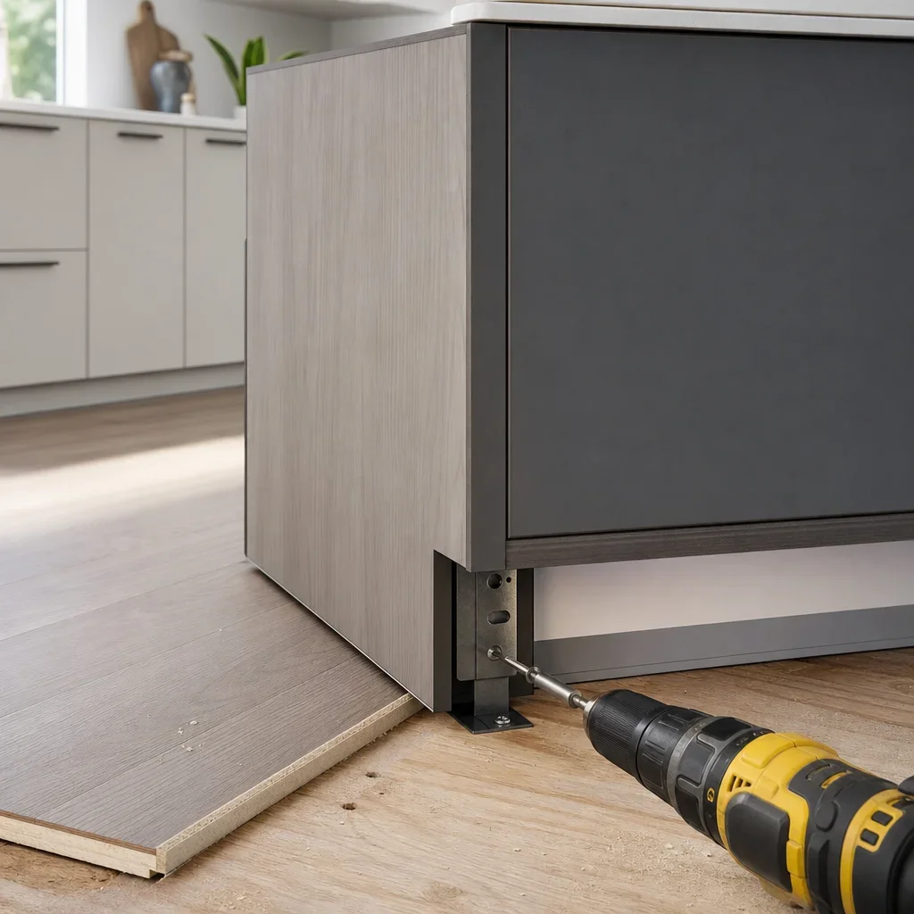 Kitchen island base being anchored safely to the floor.