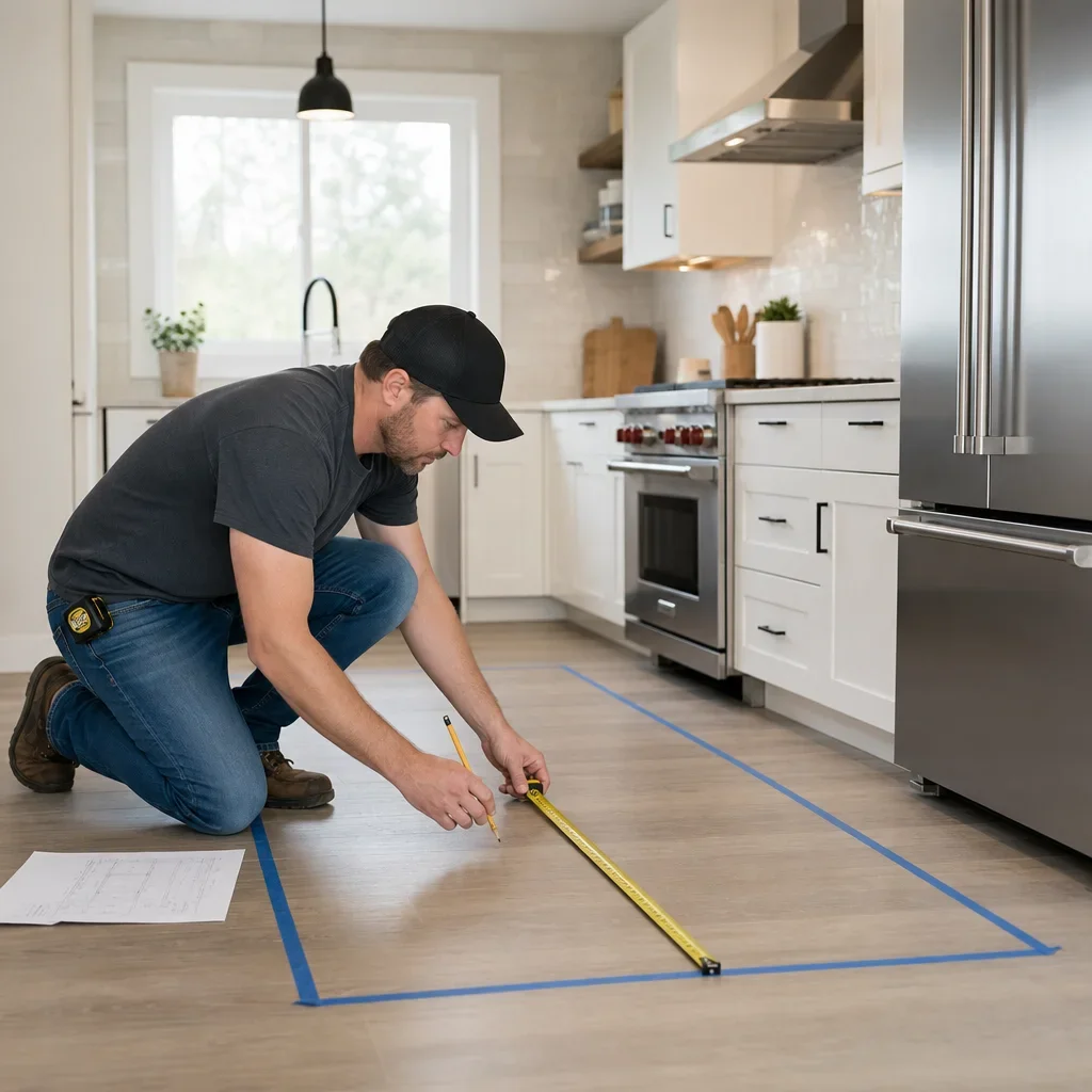 Person measuring a taped kitchen island footprint on the floor.