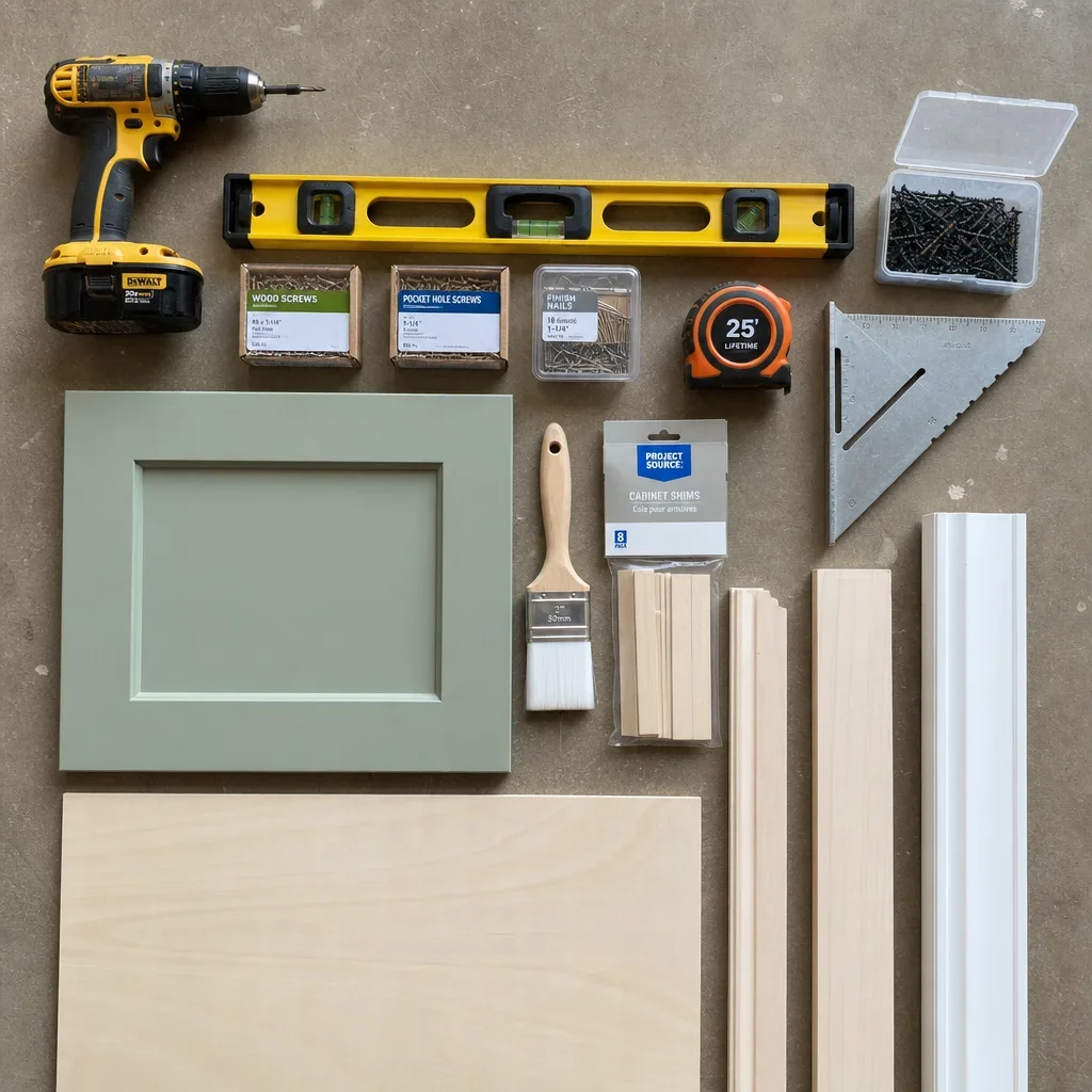 Organized tools and materials for building a kitchen island.