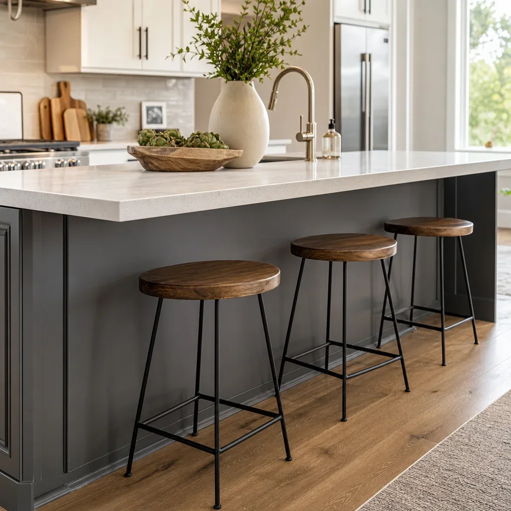 Kitchen island with stools showing seating overhang and spacing.