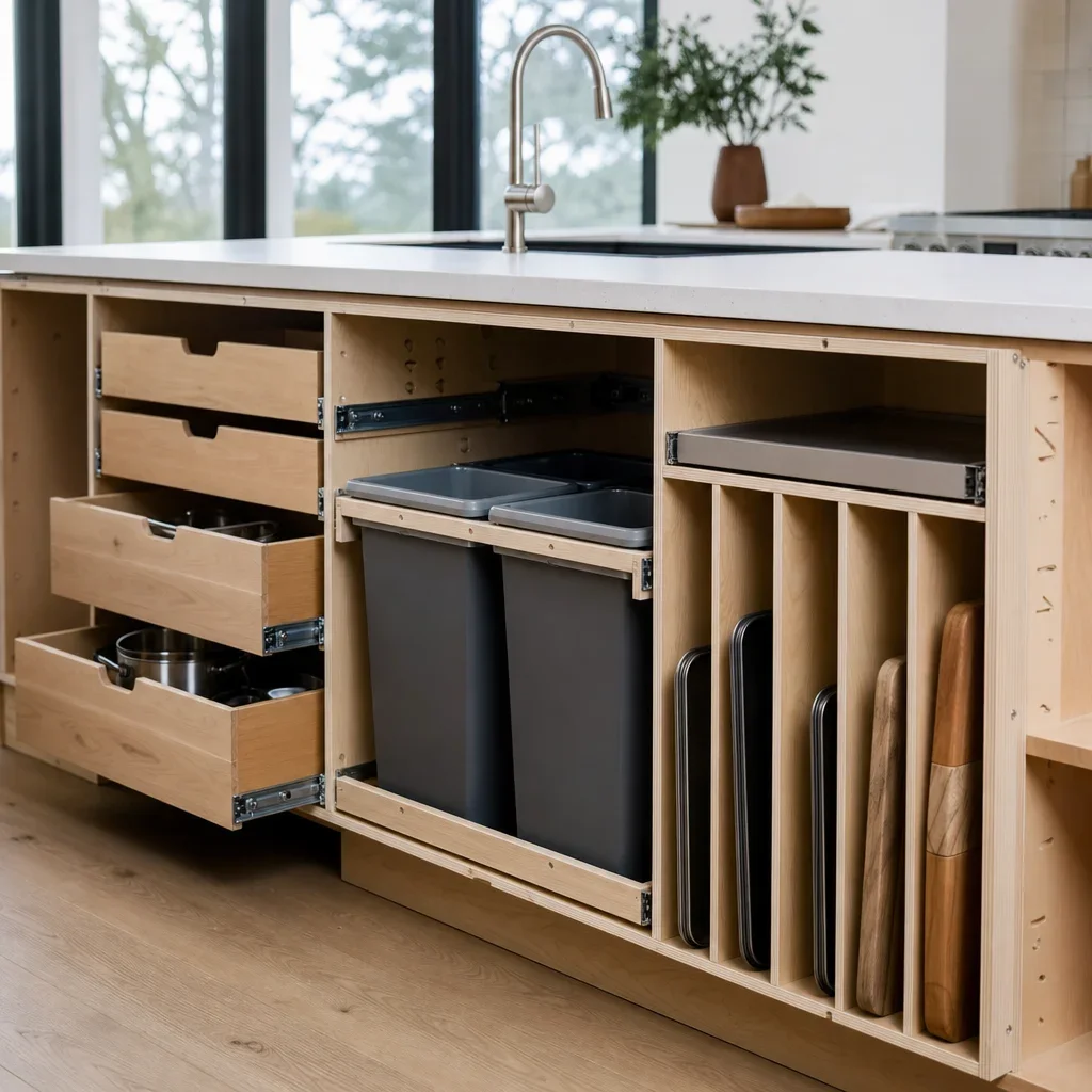Open island cabinet with drawers and storage features installed.