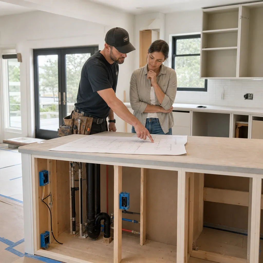 Kitchen island utility rough-in planning with wiring and plumbing.