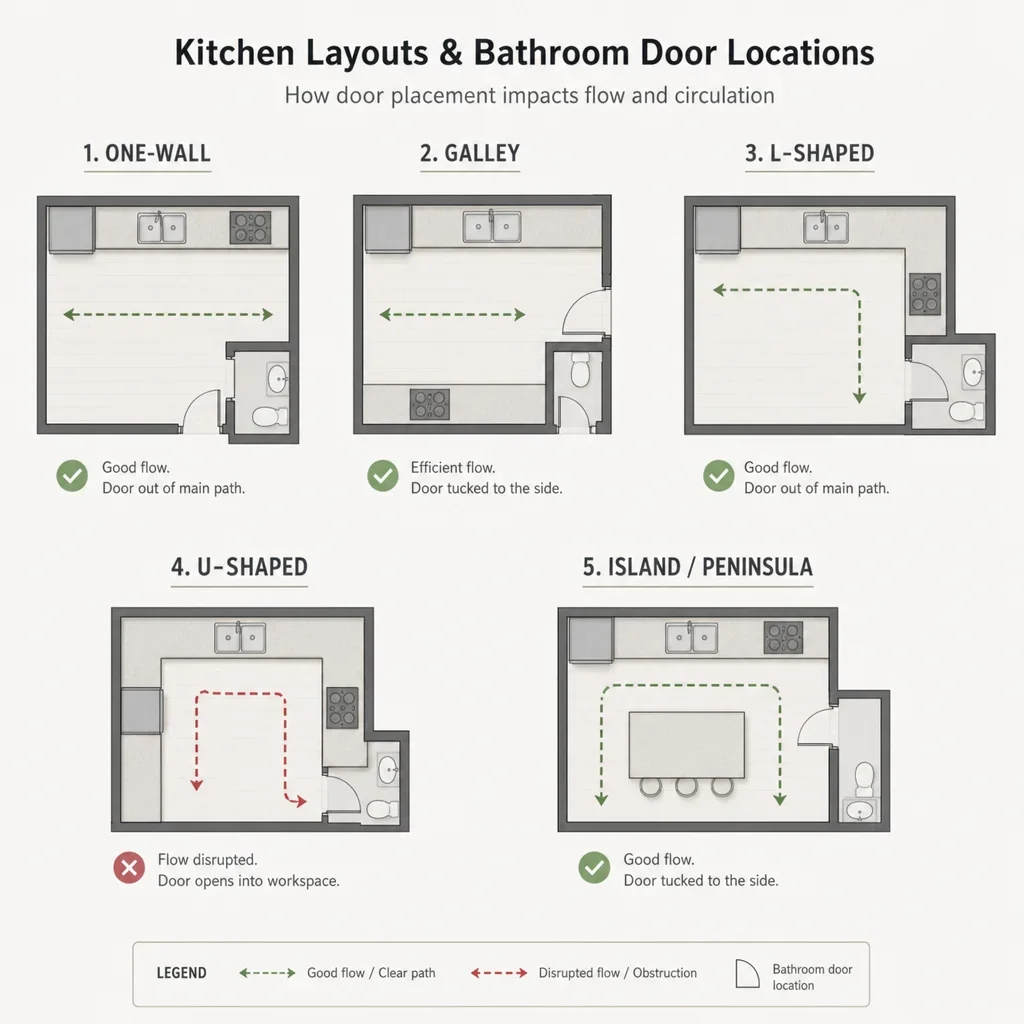 A comparison diagram of kitchen layouts and how they affect a nearby bathroom door.