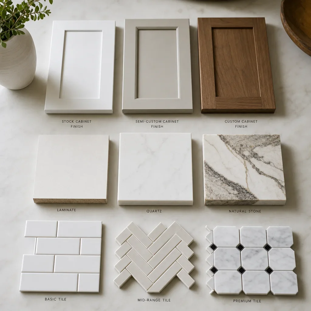 A comparison of budget, mid-range, and premium kitchen material samples arranged on a table.