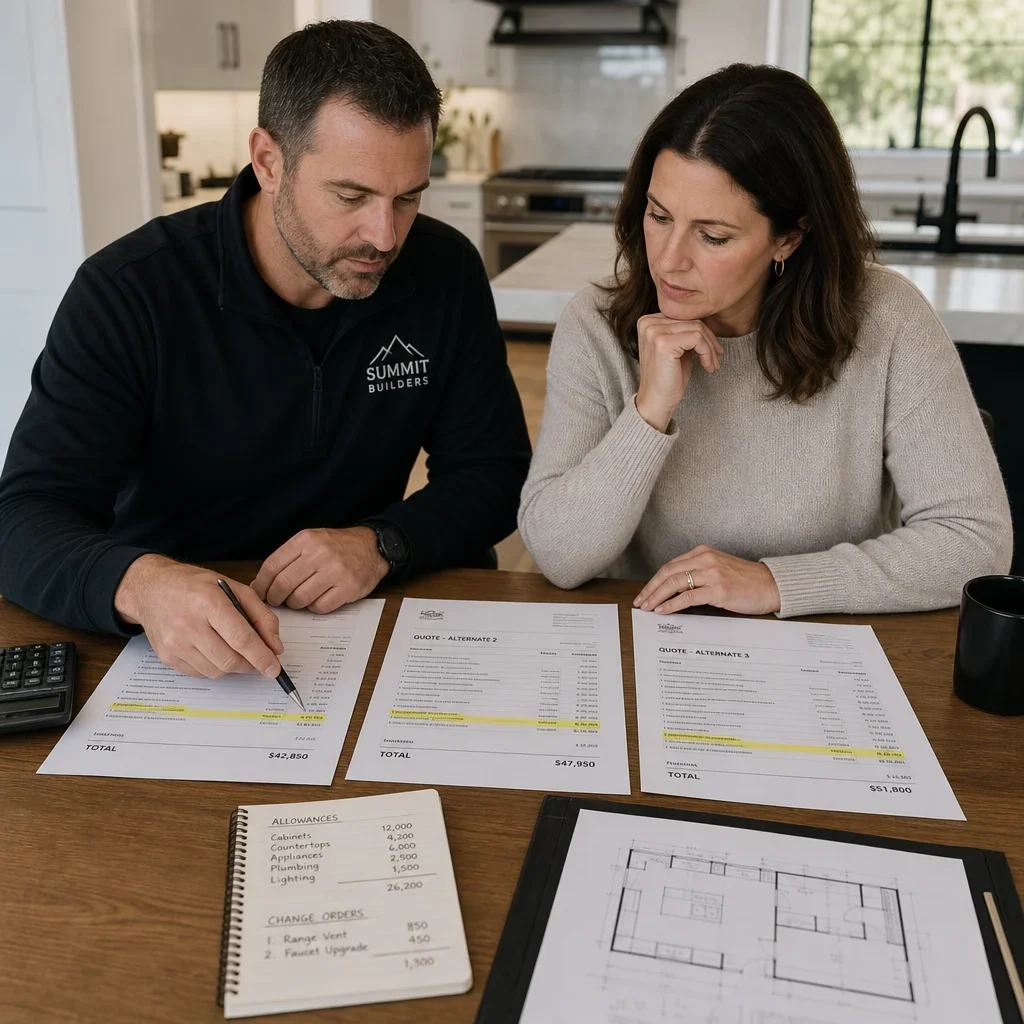 A homeowner and contractor comparing kitchen renovation quotes, allowances, and change orders at a table.