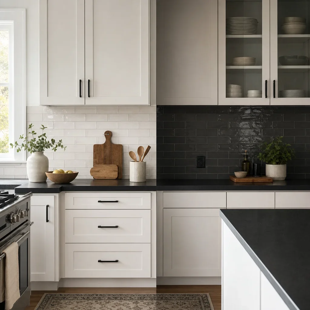 A kitchen comparison showing a lighter backsplash versus a darker backsplash with white cabinets and black counters.