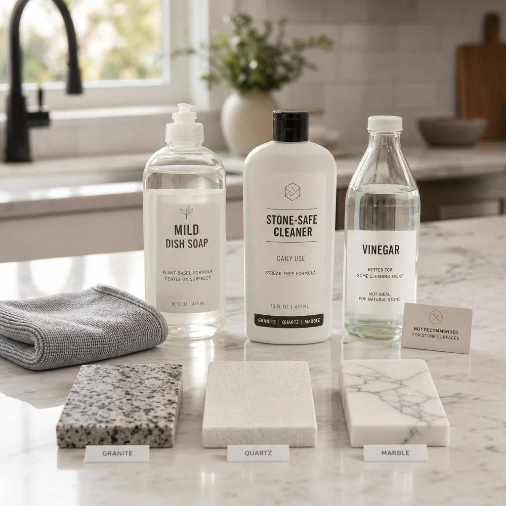 Cleaning products and cloth beside granite, quartz, and marble samples.