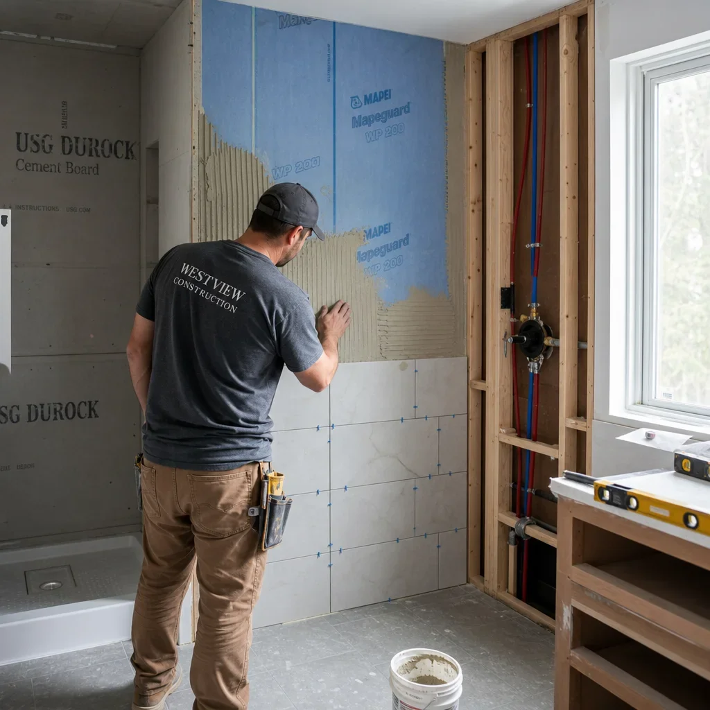 A bathroom under renovation showing waterproofing, tile work, and plumbing rough-in.