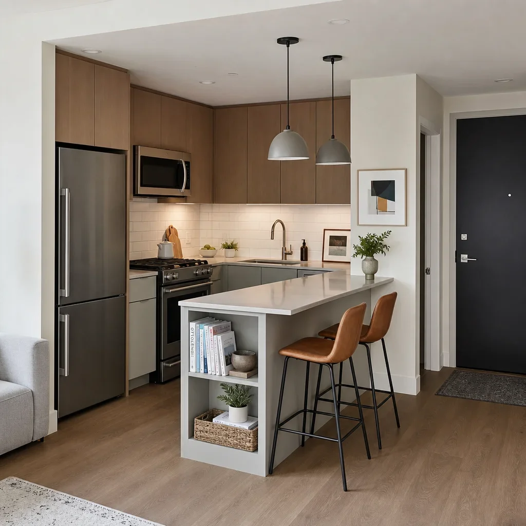 A small kitchen with a practical peninsula and open walking space around it.