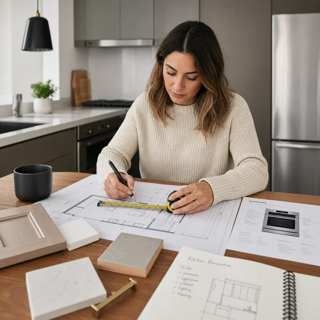 A person planning a small kitchen remodel with measurements, floor plans, and samples.