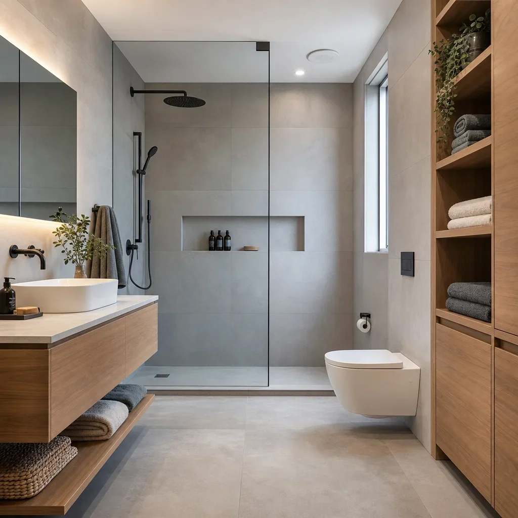 A modern bathroom showing common feature choices like a walk-in shower and floating vanity.