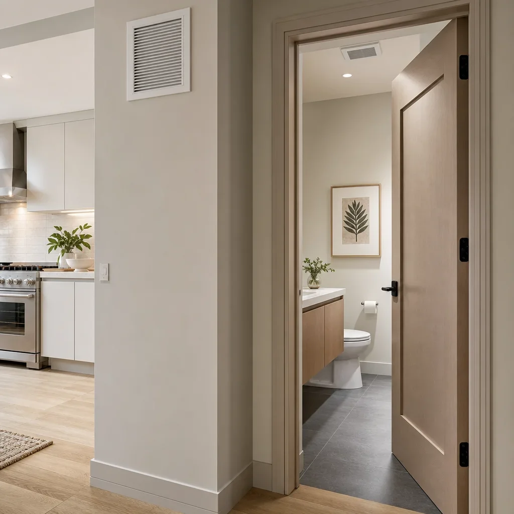 A bathroom beside a kitchen with a buffered entry, solid door, and visible ventilation details.