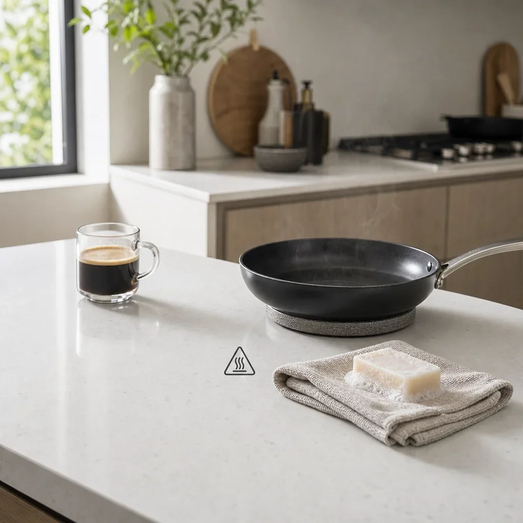 Quartz kitchen countertop with everyday cleaning items and a hot pan on a trivet.
