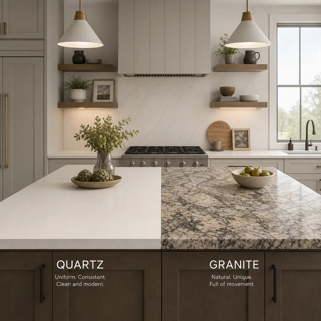 Kitchen design comparison showing uniform quartz versus naturally varied granite.