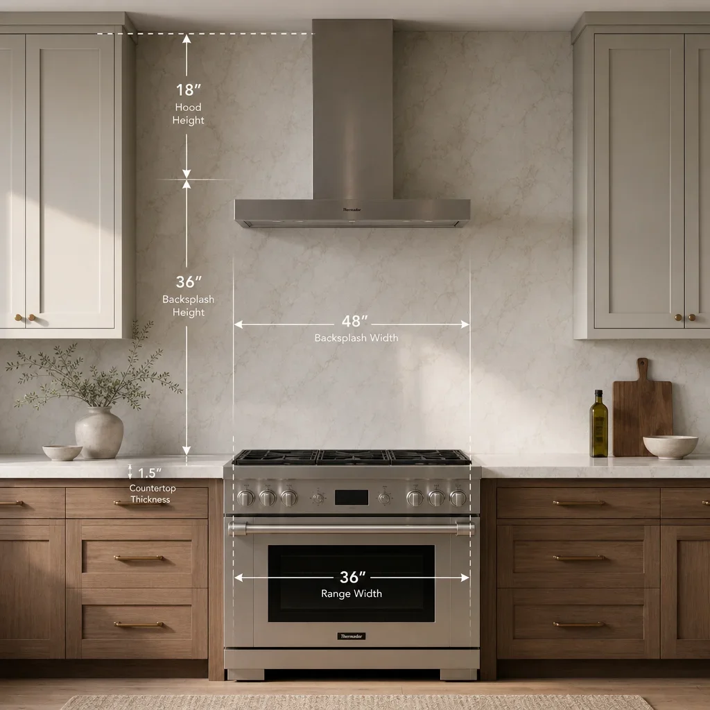Kitchen backsplash height and width illustrated with simple measurement guides.