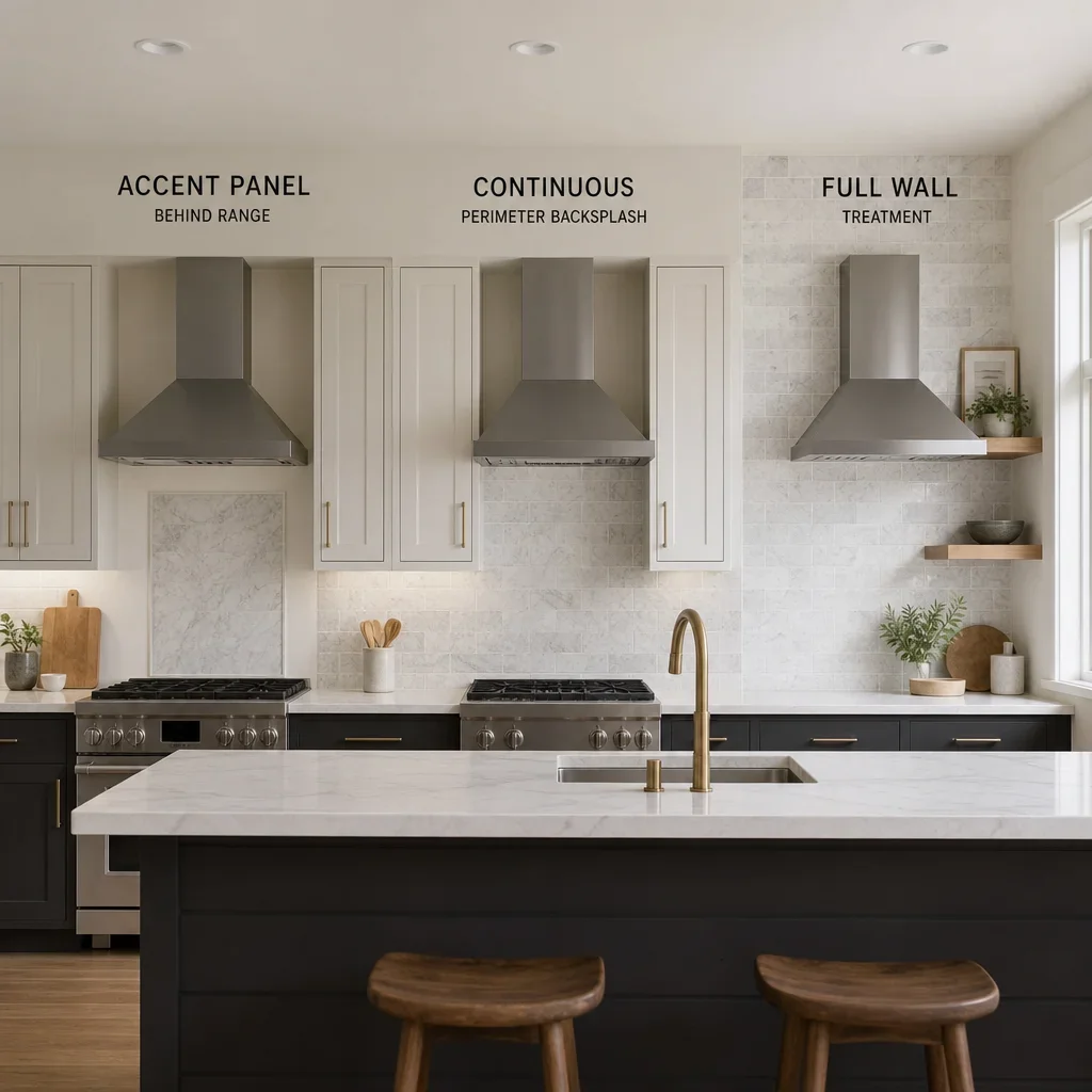 Kitchen showing a backsplash that extends beyond the range to illustrate layout options.
