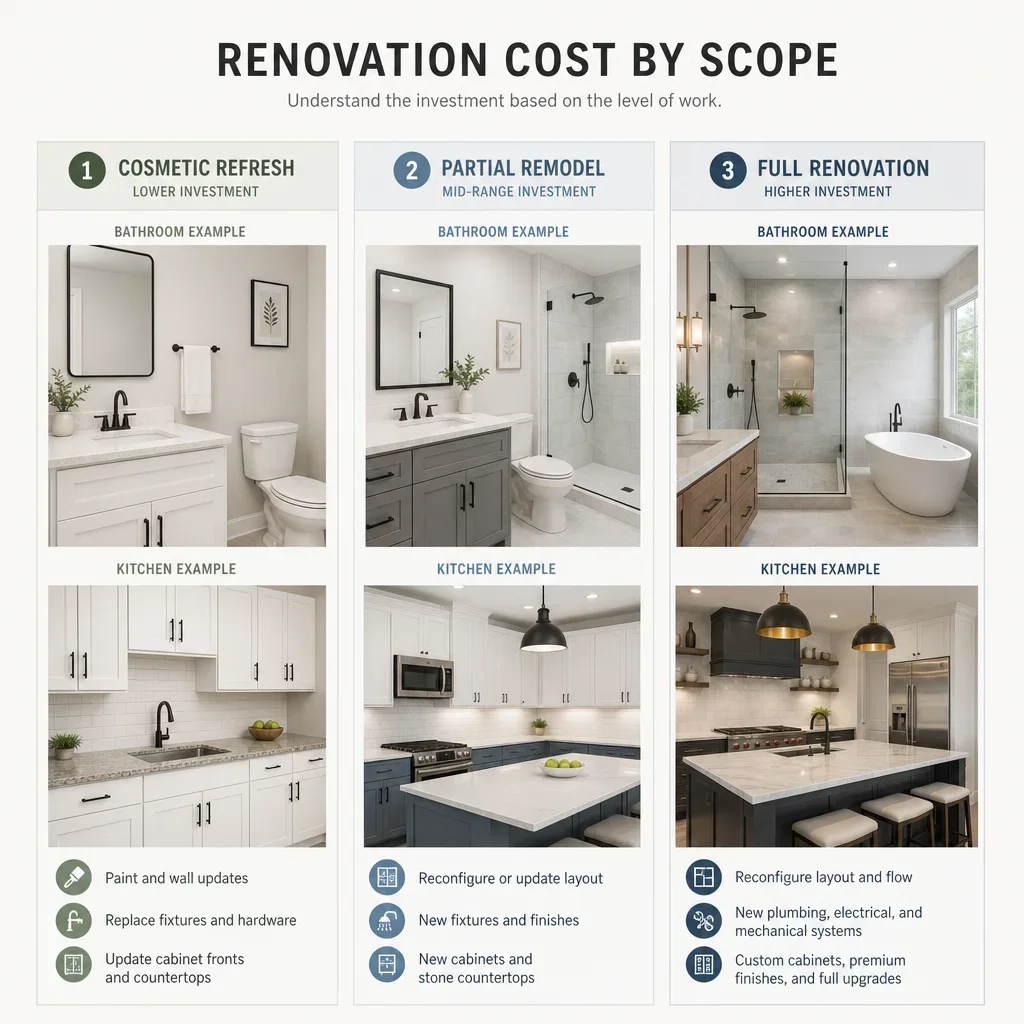 A simple chart comparing cosmetic refresh, partial remodel, and full renovation scopes.