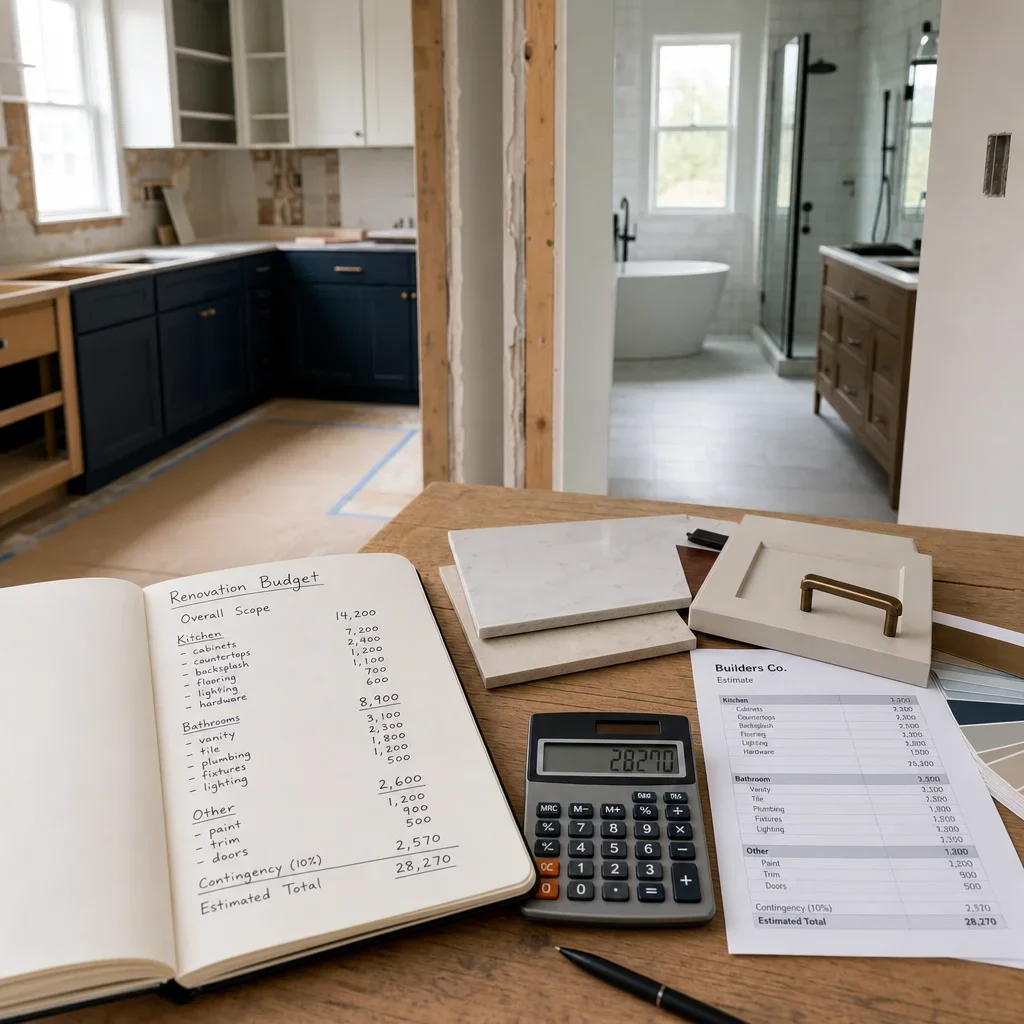 A renovation budget review with estimates and material samples.