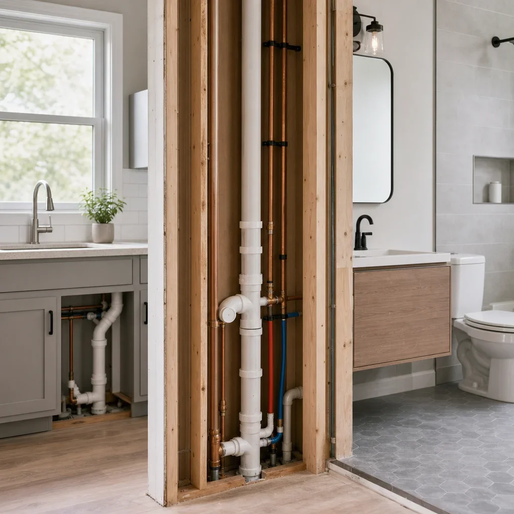 A renovation wall showing kitchen and bathroom plumbing sharing one wall.