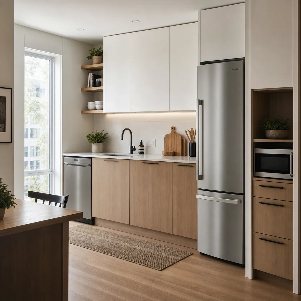 A small kitchen with compact, well-sized appliances and efficient clearances.