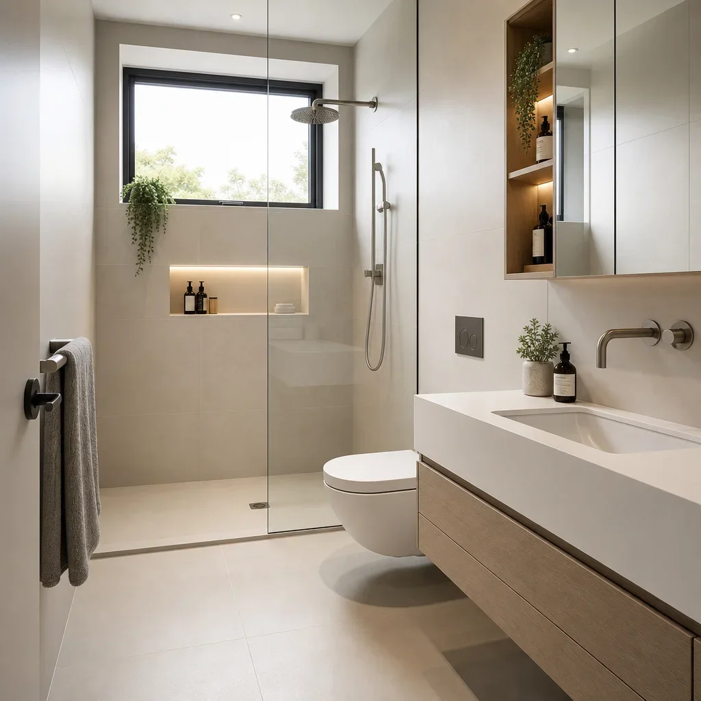 A small bathroom with space-saving layout and built-in storage.
