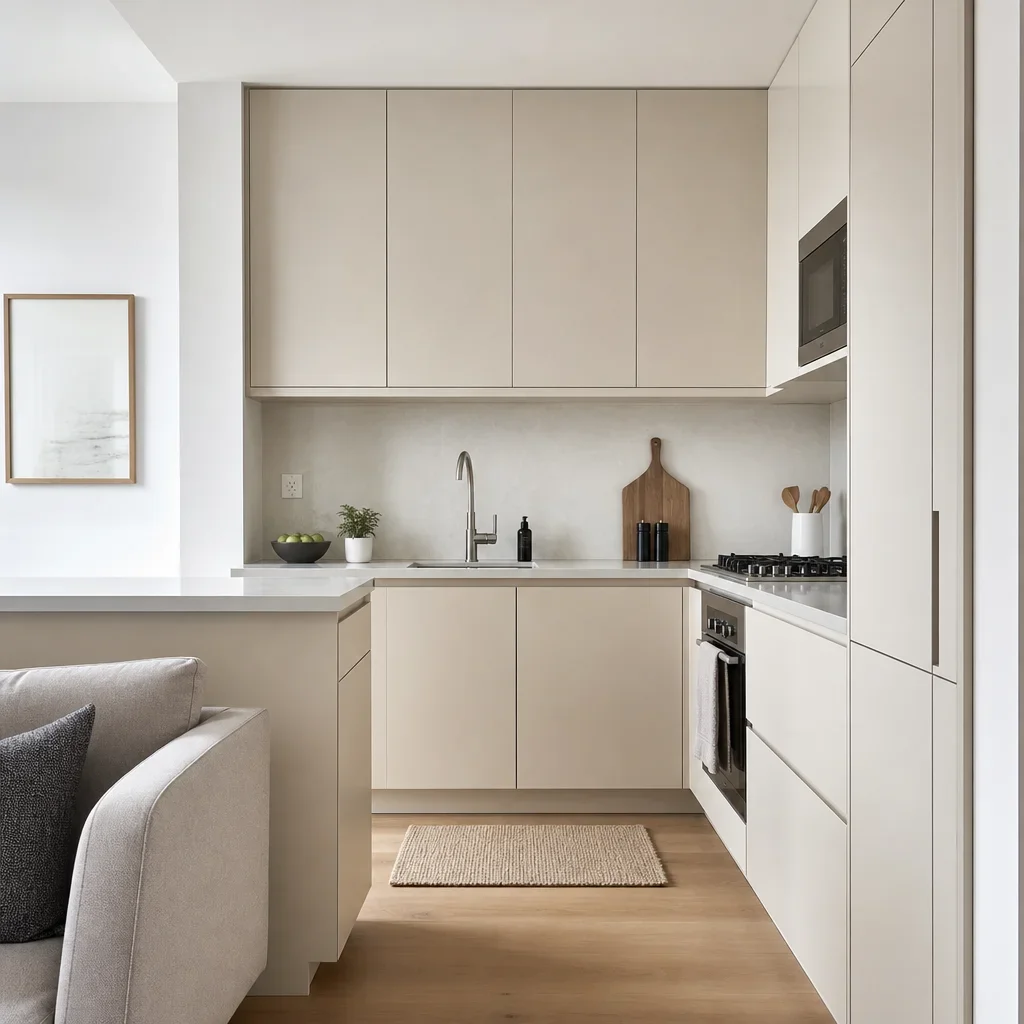 A small kitchen with flat-panel cabinets and a light, restrained finish palette.