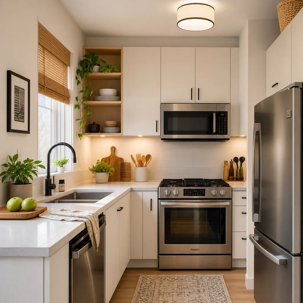 A small kitchen lit with layered ambient and under-cabinet lighting.