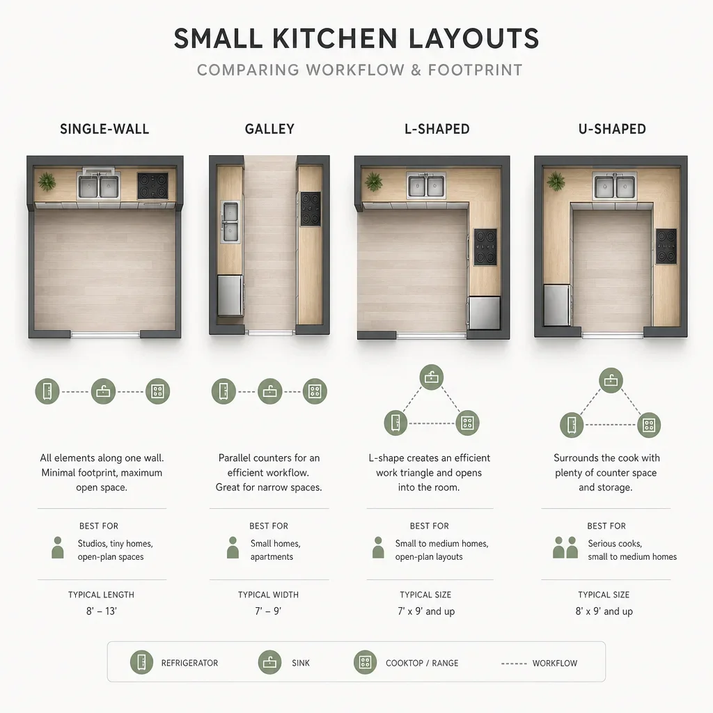 A simple diagram comparing single-wall, galley, L-shaped, and U-shaped kitchen layouts.