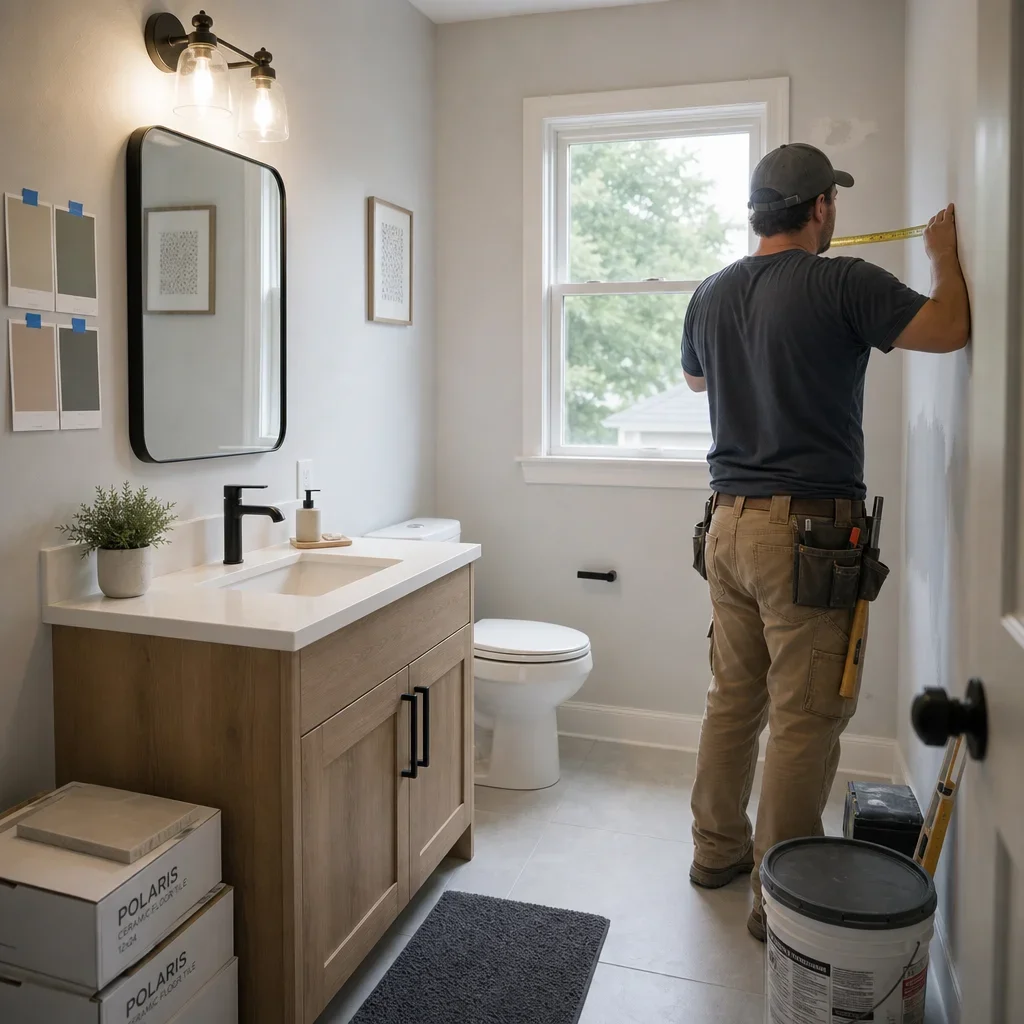 A modest bathroom refresh with vanity, light, and tile materials.