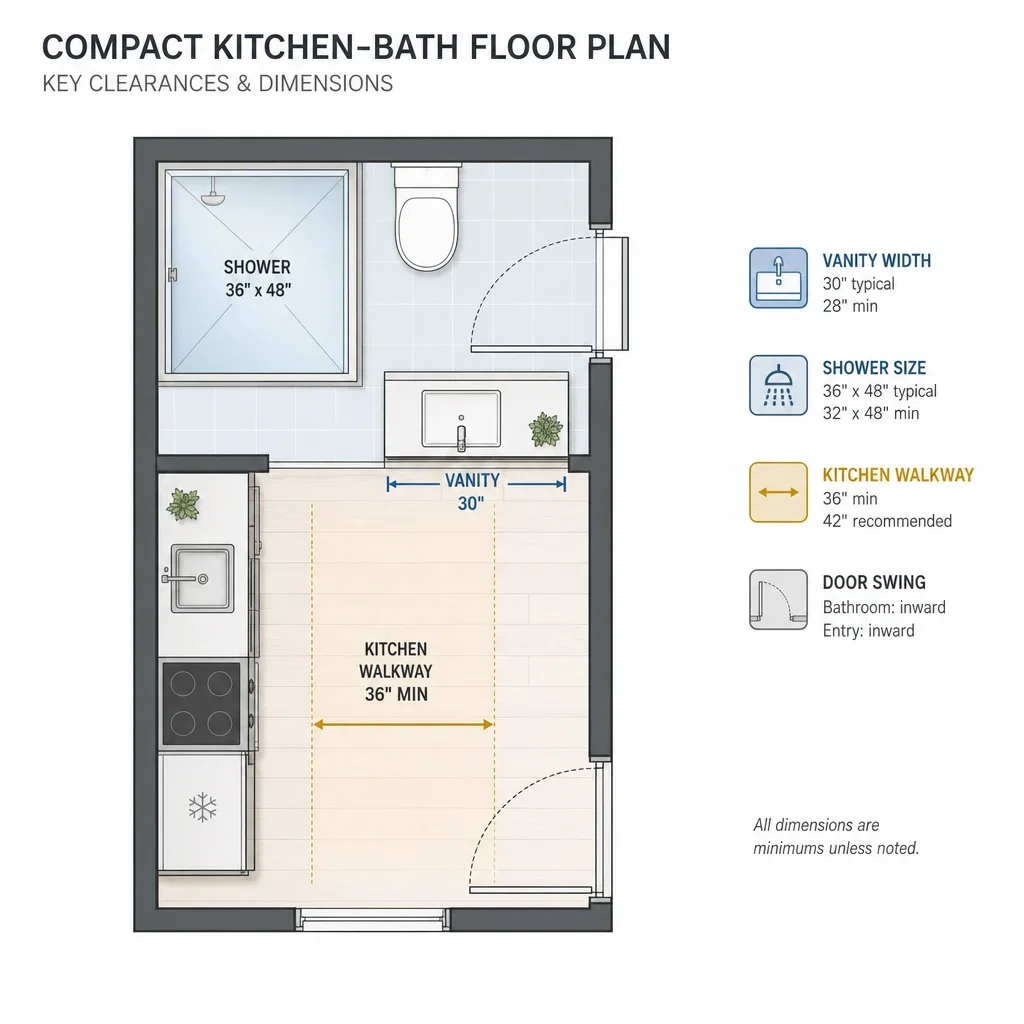 A labeled floor-plan diagram showing key clearances for a tight kitchen and bathroom layout.