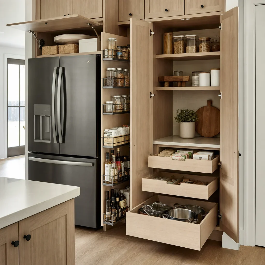 Kitchen storage solutions including deep drawers, pantry pull-outs, and tall cabinets.