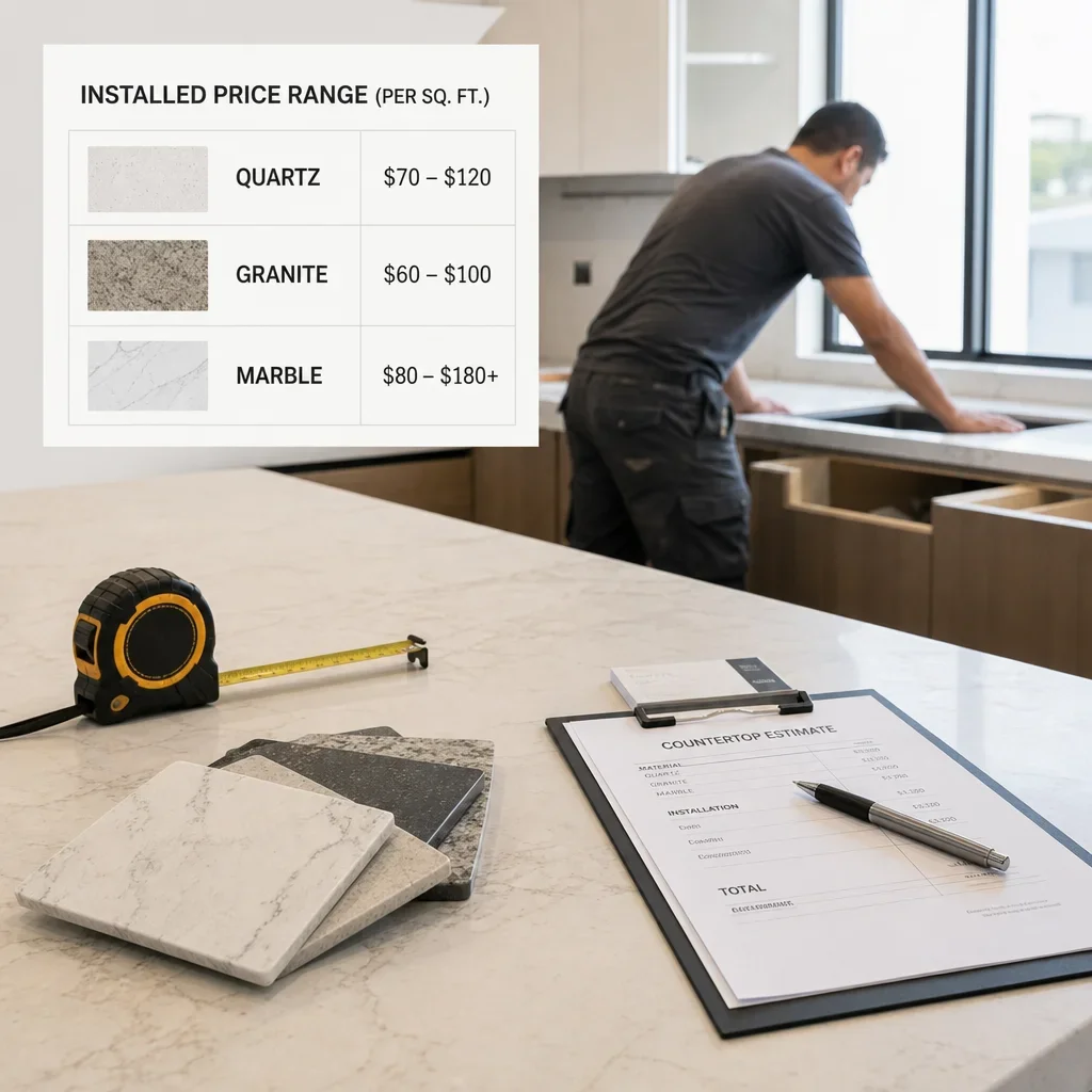 Countertop quote materials with a simple cost comparison for quartz, granite, and marble.