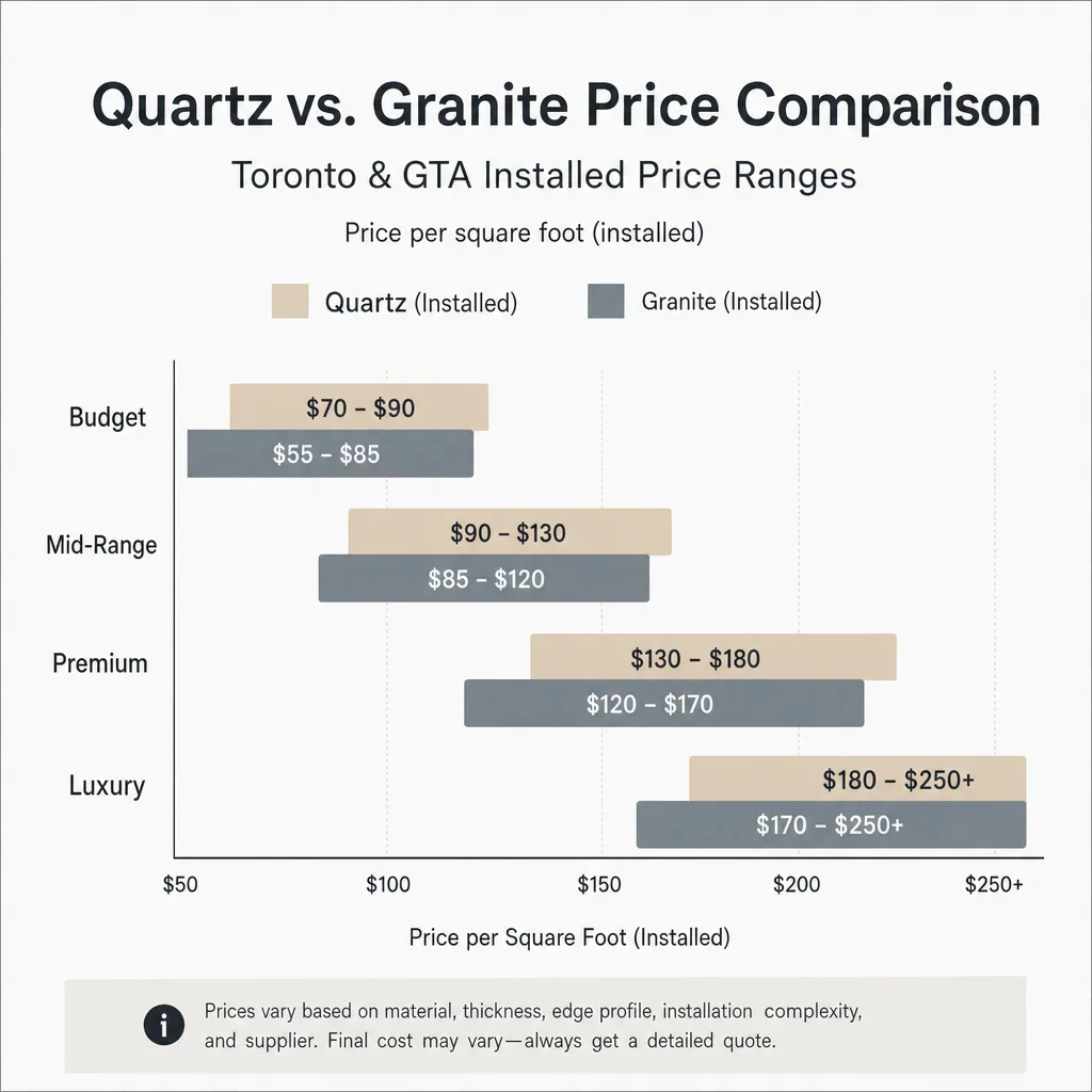 Simple chart comparing Toronto installed price ranges for quartz and granite countertops.