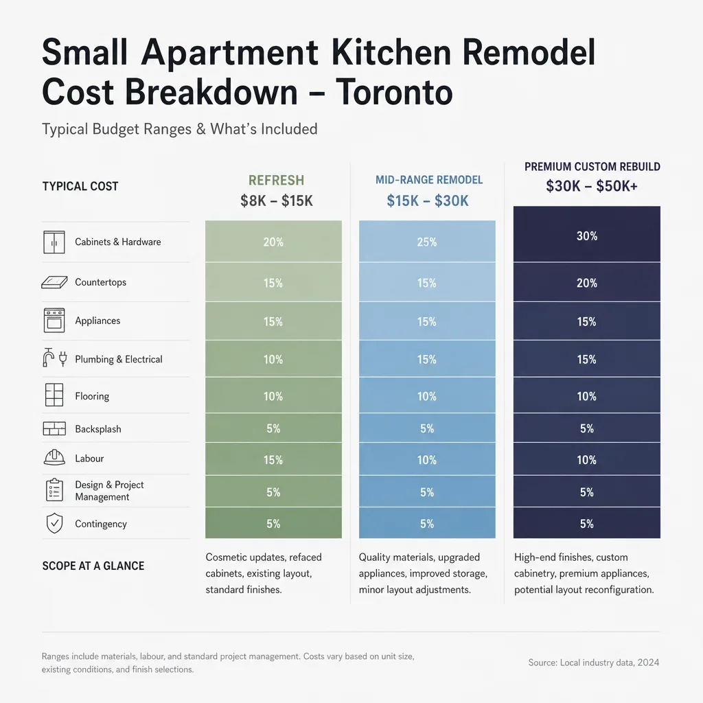 A simple chart showing small kitchen remodel cost tiers in Toronto.