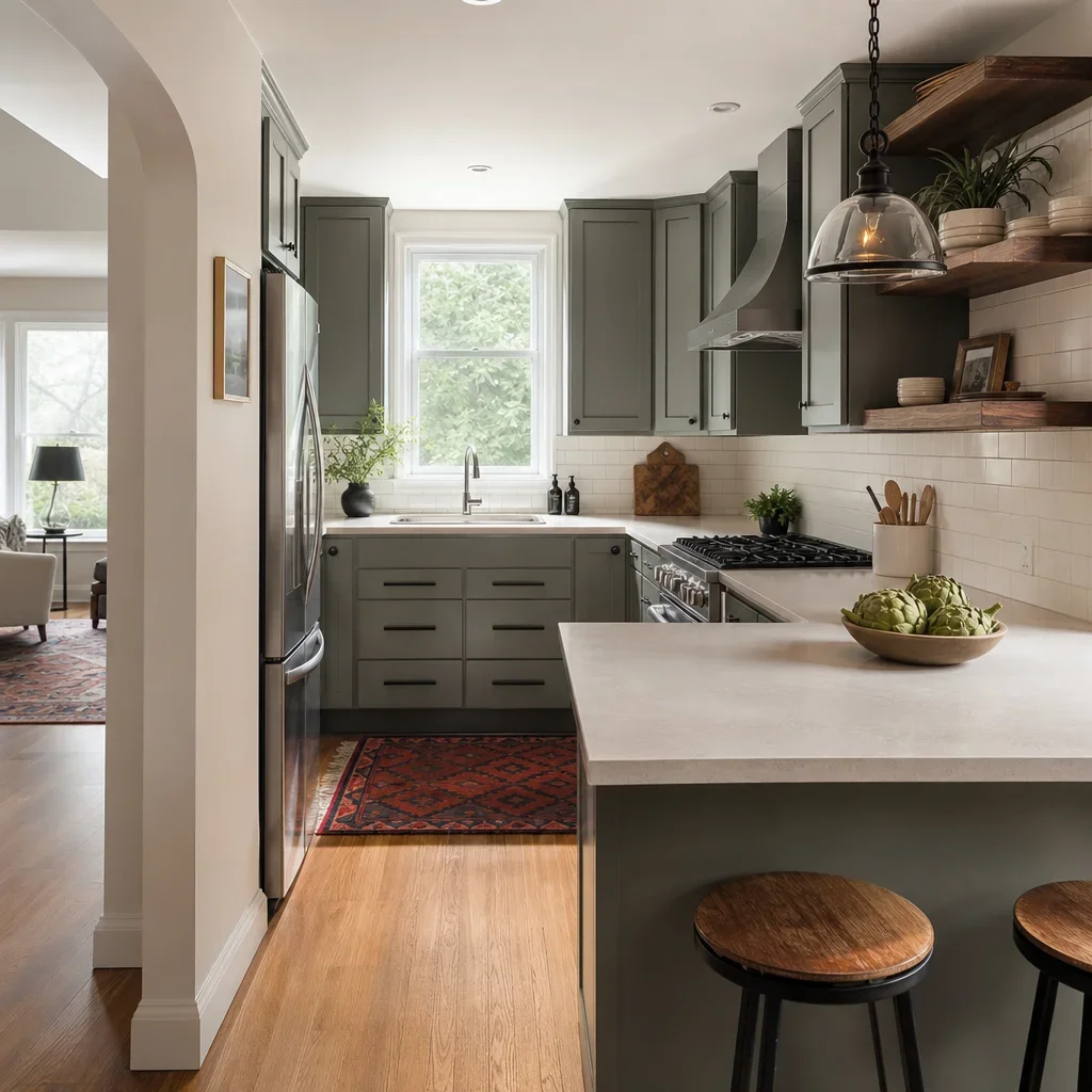 A 1950s kitchen layout improved with better circulation, storage, and a peninsula.
