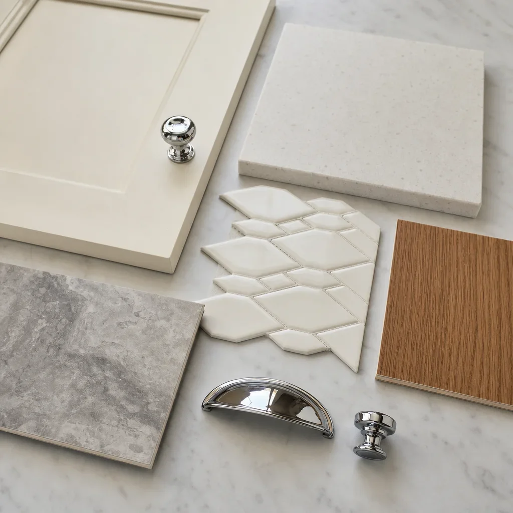 A close-up of kitchen material samples including cabinetry, countertop, tile, flooring, and hardware.