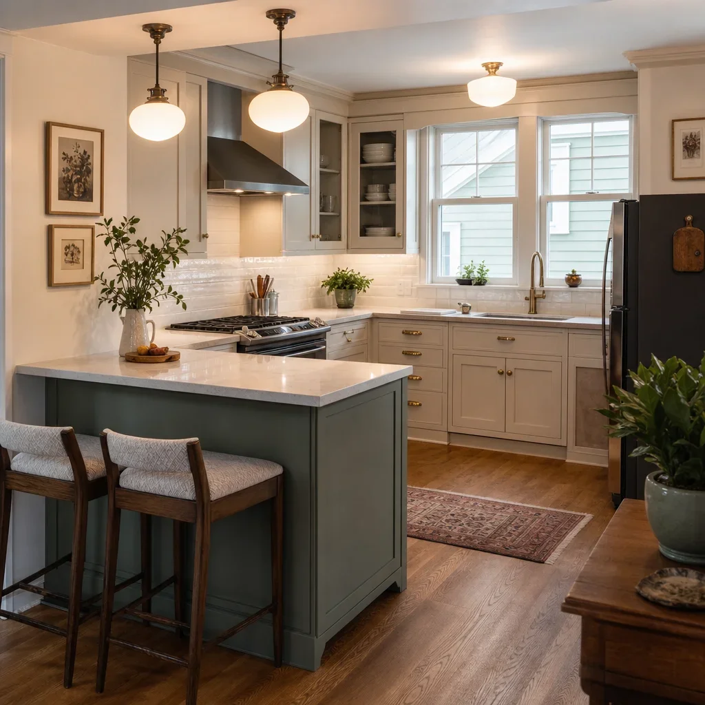 A remodeled 1950s kitchen with better storage, a peninsula, improved lighting, and preserved character.