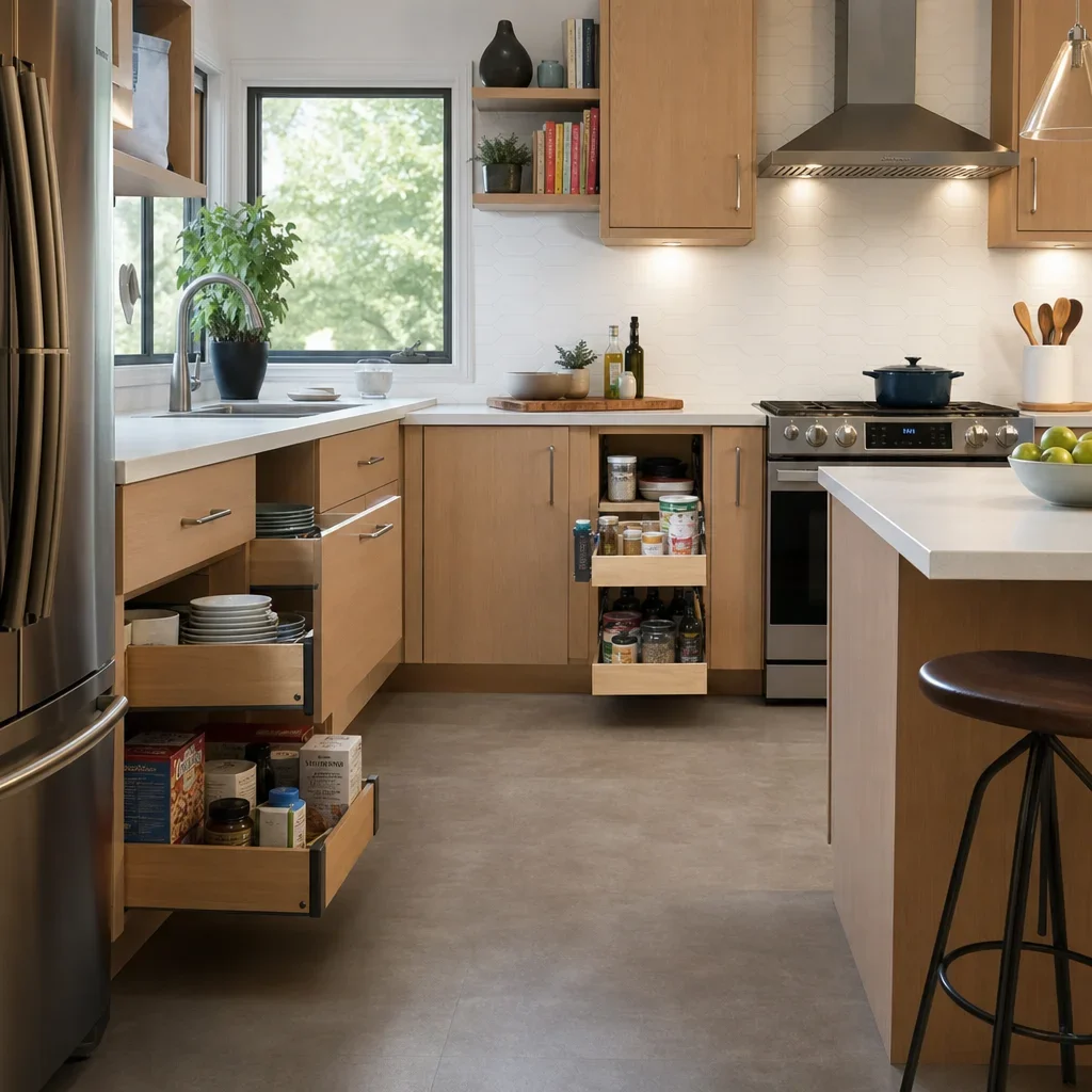 An accessible kitchen with easy-reach storage, better lighting, and safe flooring.