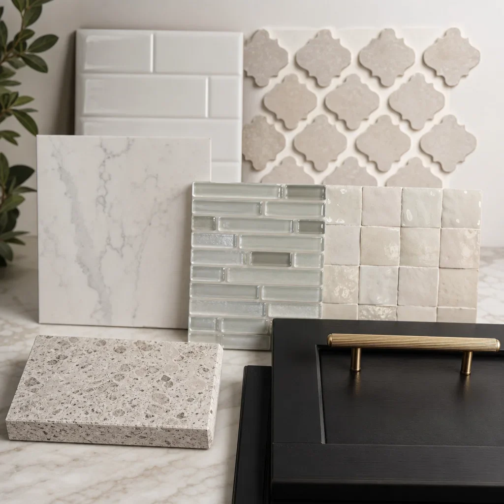 Neatly arranged backsplash material samples next to dark cabinet swatches.